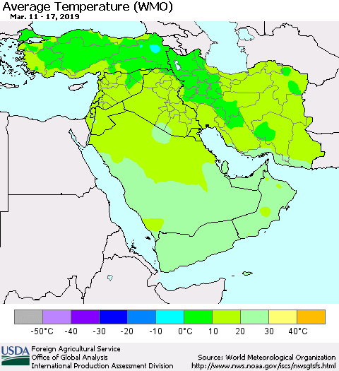 Middle East and Turkey Average Temperature (WMO) Thematic Map For 3/11/2019 - 3/17/2019