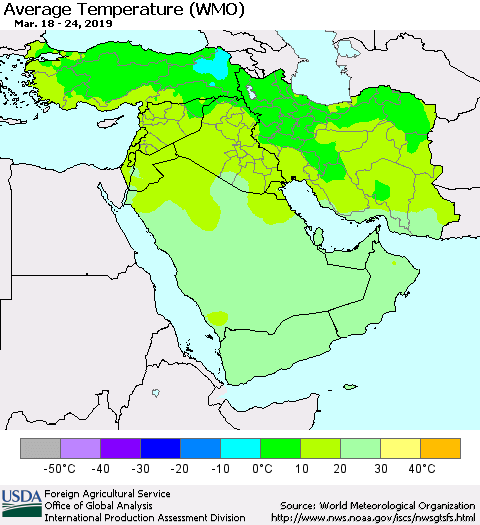Middle East and Turkey Average Temperature (WMO) Thematic Map For 3/18/2019 - 3/24/2019