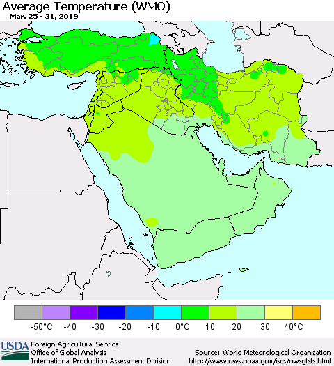 Middle East and Turkey Average Temperature (WMO) Thematic Map For 3/25/2019 - 3/31/2019