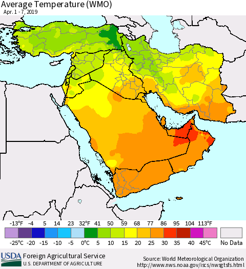Middle East and Turkey Average Temperature (WMO) Thematic Map For 4/1/2019 - 4/7/2019