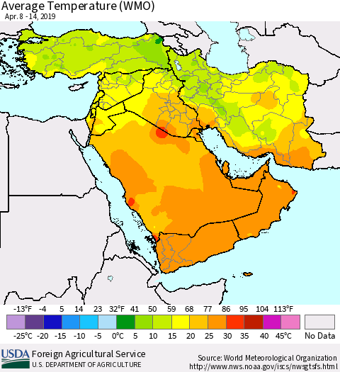 Middle East and Turkey Average Temperature (WMO) Thematic Map For 4/8/2019 - 4/14/2019