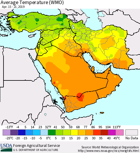 Middle East and Turkey Average Temperature (WMO) Thematic Map For 4/15/2019 - 4/21/2019
