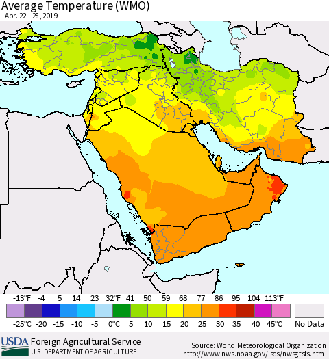 Middle East and Turkey Average Temperature (WMO) Thematic Map For 4/22/2019 - 4/28/2019