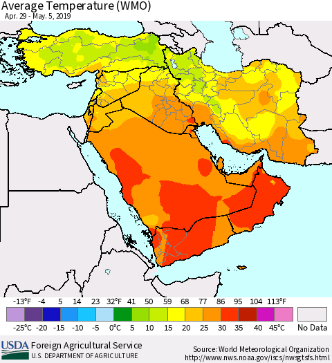 Middle East and Turkey Average Temperature (WMO) Thematic Map For 4/29/2019 - 5/5/2019