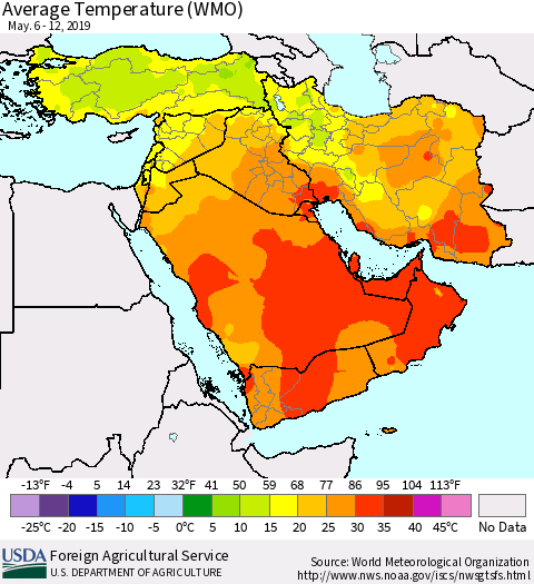 Middle East and Turkey Average Temperature (WMO) Thematic Map For 5/6/2019 - 5/12/2019