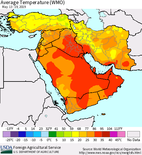 Middle East and Turkey Average Temperature (WMO) Thematic Map For 5/13/2019 - 5/19/2019