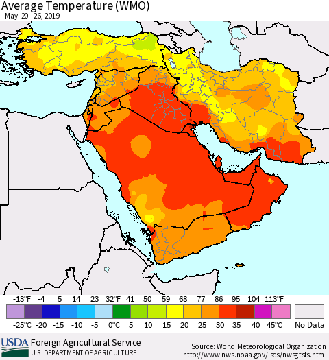 Middle East and Turkey Average Temperature (WMO) Thematic Map For 5/20/2019 - 5/26/2019