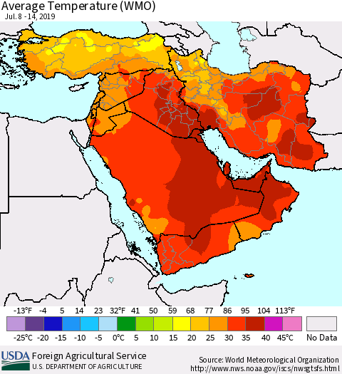 Middle East and Turkey Average Temperature (WMO) Thematic Map For 7/8/2019 - 7/14/2019