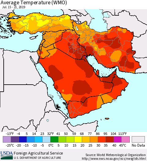 Middle East and Turkey Average Temperature (WMO) Thematic Map For 7/15/2019 - 7/21/2019
