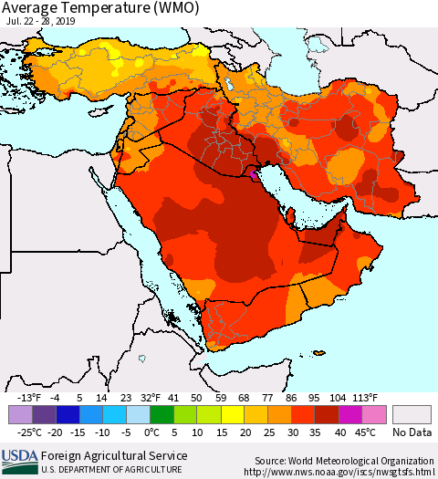 Middle East and Turkey Average Temperature (WMO) Thematic Map For 7/22/2019 - 7/28/2019