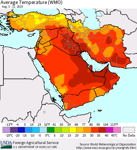 Middle East and Turkey Average Temperature (WMO) Thematic Map For 8/5/2019 - 8/11/2019
