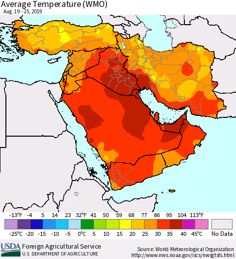 Middle East and Turkey Average Temperature (WMO) Thematic Map For 8/19/2019 - 8/25/2019