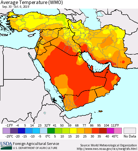 Middle East and Turkey Average Temperature (WMO) Thematic Map For 9/30/2019 - 10/6/2019