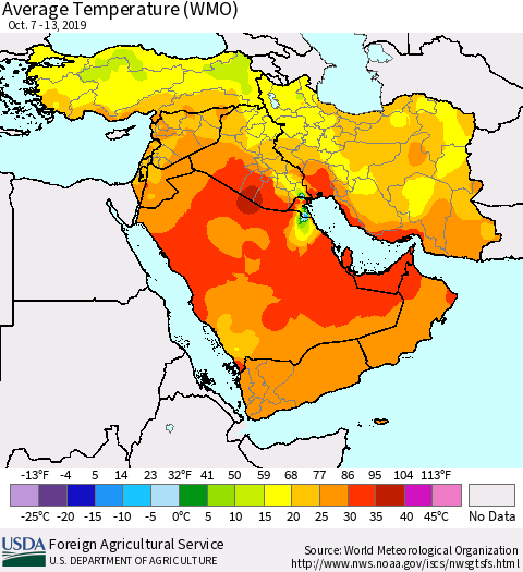 Middle East and Turkey Average Temperature (WMO) Thematic Map For 10/7/2019 - 10/13/2019
