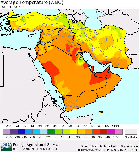 Middle East and Turkey Average Temperature (WMO) Thematic Map For 10/14/2019 - 10/20/2019