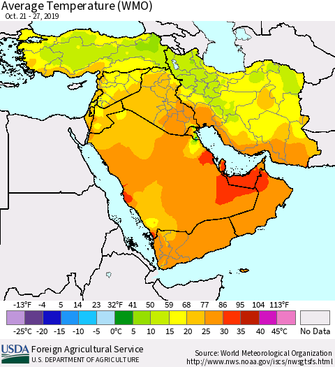 Middle East and Turkey Average Temperature (WMO) Thematic Map For 10/21/2019 - 10/27/2019
