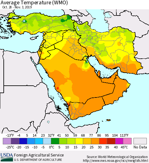 Middle East and Turkey Average Temperature (WMO) Thematic Map For 10/28/2019 - 11/3/2019