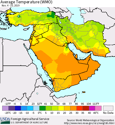 Middle East and Turkey Average Temperature (WMO) Thematic Map For 11/4/2019 - 11/10/2019