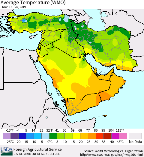Middle East and Turkey Average Temperature (WMO) Thematic Map For 11/18/2019 - 11/24/2019