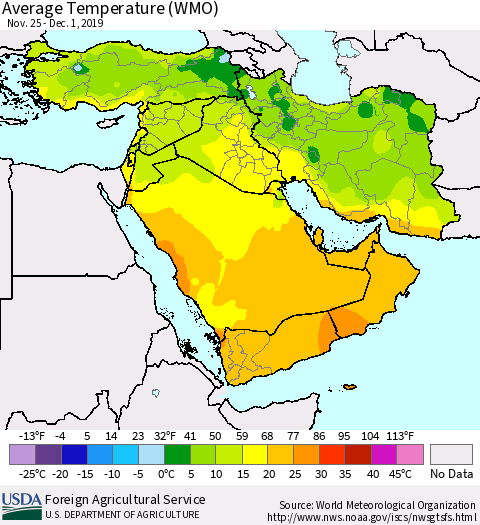 Middle East and Turkey Average Temperature (WMO) Thematic Map For 11/25/2019 - 12/1/2019
