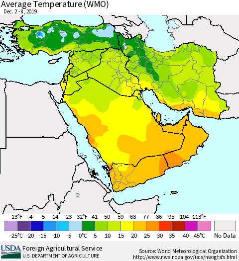 Middle East and Turkey Average Temperature (WMO) Thematic Map For 12/2/2019 - 12/8/2019