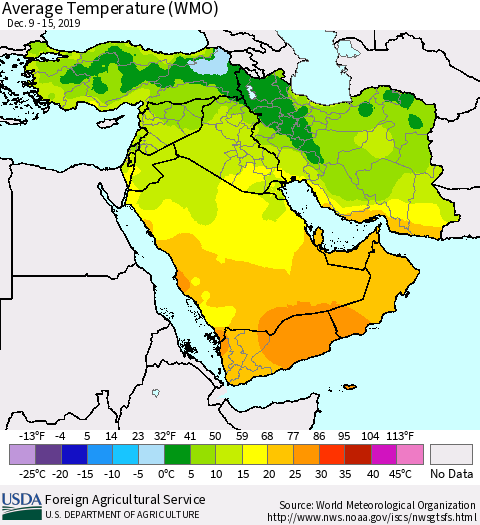 Middle East and Turkey Average Temperature (WMO) Thematic Map For 12/9/2019 - 12/15/2019