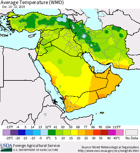 Middle East and Turkey Average Temperature (WMO) Thematic Map For 12/16/2019 - 12/22/2019