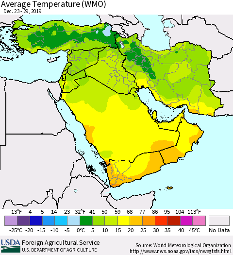 Middle East and Turkey Average Temperature (WMO) Thematic Map For 12/23/2019 - 12/29/2019