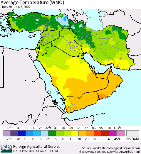 Middle East and Turkey Average Temperature (WMO) Thematic Map For 12/30/2019 - 1/5/2020