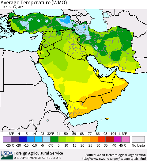 Middle East and Turkey Average Temperature (WMO) Thematic Map For 1/6/2020 - 1/12/2020