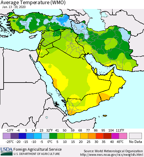 Middle East and Turkey Average Temperature (WMO) Thematic Map For 1/13/2020 - 1/19/2020
