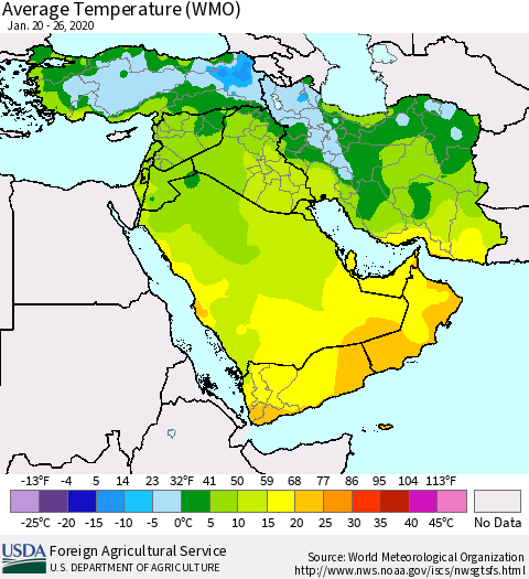 Middle East and Turkey Average Temperature (WMO) Thematic Map For 1/20/2020 - 1/26/2020