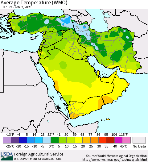 Middle East and Turkey Average Temperature (WMO) Thematic Map For 1/27/2020 - 2/2/2020