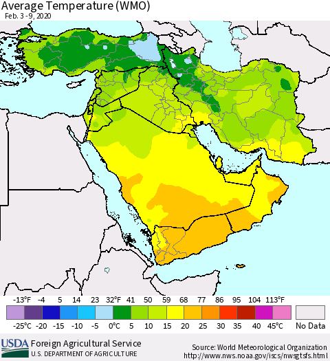 Middle East and Turkey Average Temperature (WMO) Thematic Map For 2/3/2020 - 2/9/2020