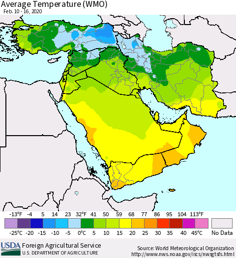 Middle East and Turkey Average Temperature (WMO) Thematic Map For 2/10/2020 - 2/16/2020