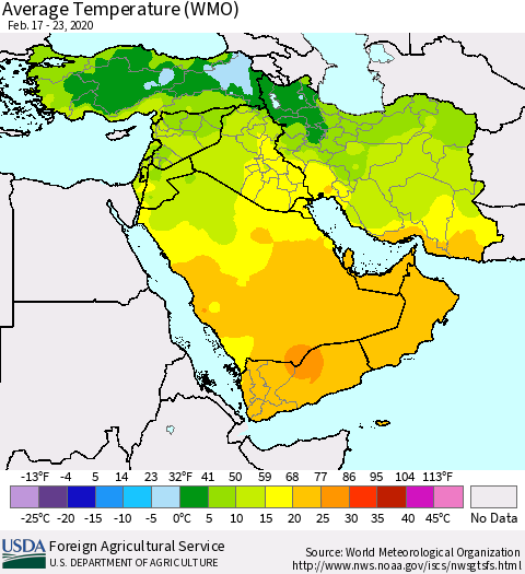 Middle East and Turkey Average Temperature (WMO) Thematic Map For 2/17/2020 - 2/23/2020
