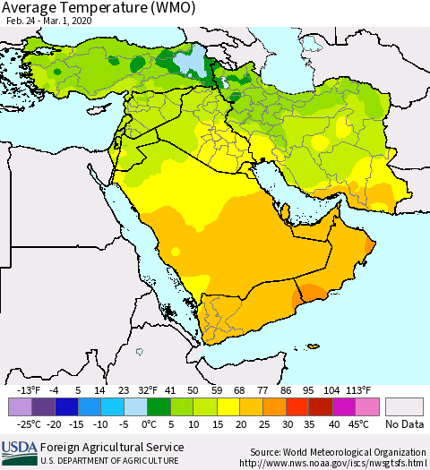 Middle East and Turkey Average Temperature (WMO) Thematic Map For 2/24/2020 - 3/1/2020