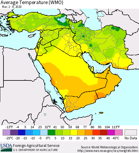 Middle East and Turkey Average Temperature (WMO) Thematic Map For 3/2/2020 - 3/8/2020