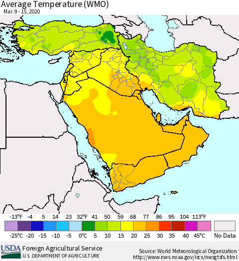 Middle East and Turkey Average Temperature (WMO) Thematic Map For 3/9/2020 - 3/15/2020