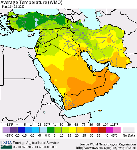 Middle East and Turkey Average Temperature (WMO) Thematic Map For 3/16/2020 - 3/22/2020