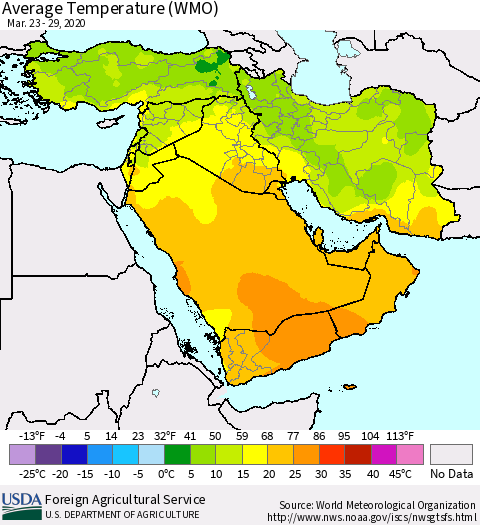 Middle East and Turkey Average Temperature (WMO) Thematic Map For 3/23/2020 - 3/29/2020