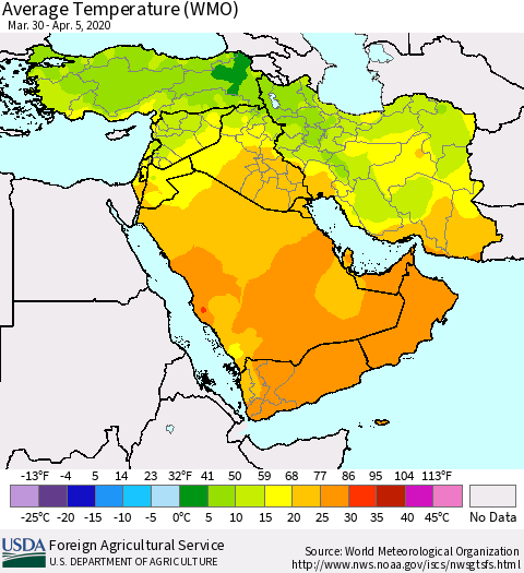 Middle East and Turkey Average Temperature (WMO) Thematic Map For 3/30/2020 - 4/5/2020