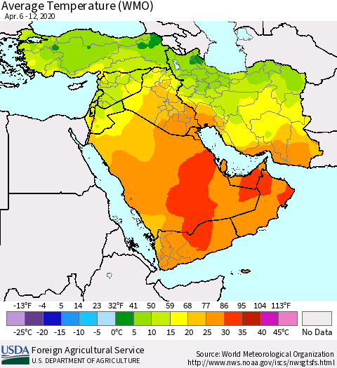 Middle East and Turkey Average Temperature (WMO) Thematic Map For 4/6/2020 - 4/12/2020