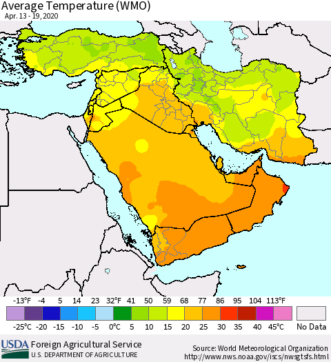 Middle East and Turkey Average Temperature (WMO) Thematic Map For 4/13/2020 - 4/19/2020