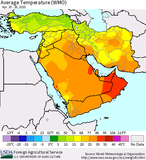 Middle East and Turkey Average Temperature (WMO) Thematic Map For 4/20/2020 - 4/26/2020