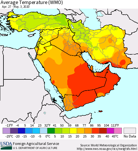 Middle East and Turkey Average Temperature (WMO) Thematic Map For 4/27/2020 - 5/3/2020
