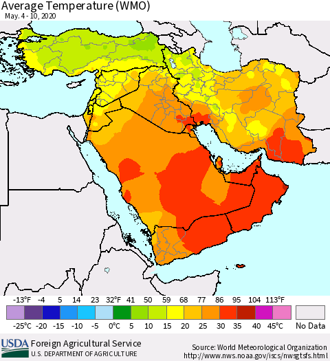 Middle East and Turkey Average Temperature (WMO) Thematic Map For 5/4/2020 - 5/10/2020