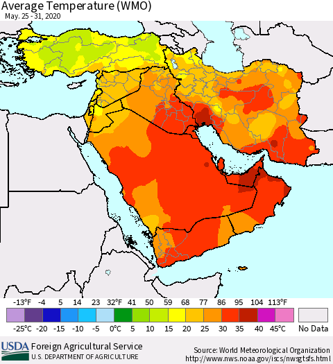Middle East and Turkey Average Temperature (WMO) Thematic Map For 5/25/2020 - 5/31/2020