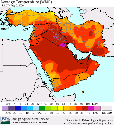 Middle East and Turkey Average Temperature (WMO) Thematic Map For 7/27/2020 - 8/2/2020