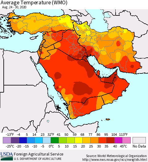 Middle East and Turkey Average Temperature (WMO) Thematic Map For 8/24/2020 - 8/30/2020